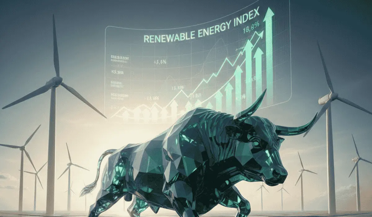 Chart showing top renewable energy stocks including NextEra, First Solar, and Brookfield Renewable.