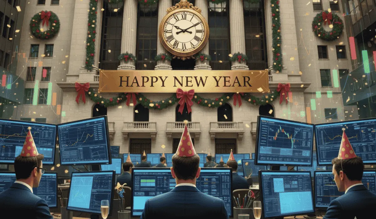 Stock market trading floor showing closing boards on New Year’s Eve 2025