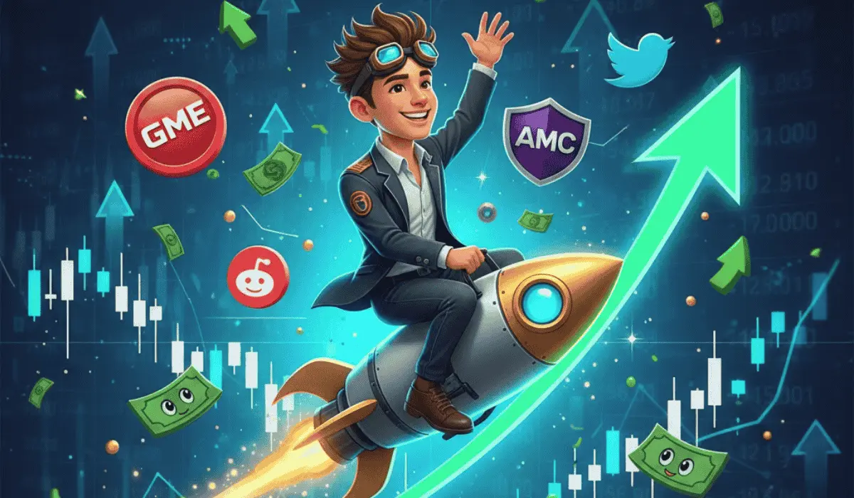 Meme stocks volatility illustration with GameStop, AMC, Tesla and social media influence