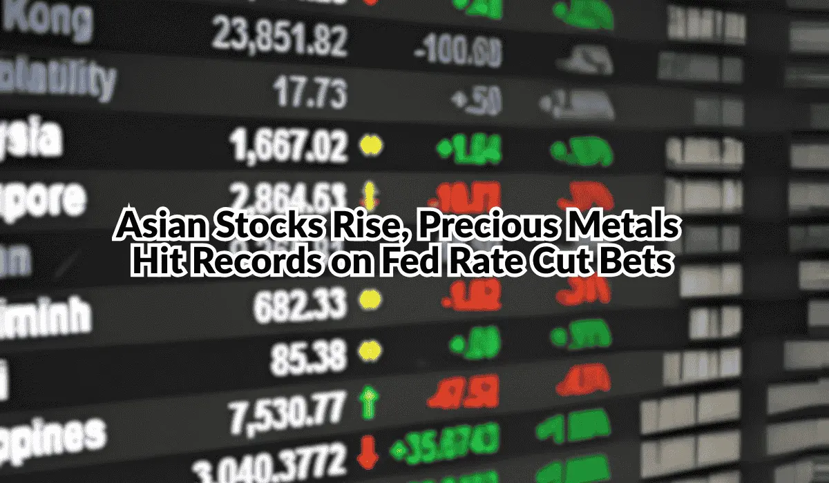 Rising Asian stocks with gold and silver bars on Fed rate cut news.