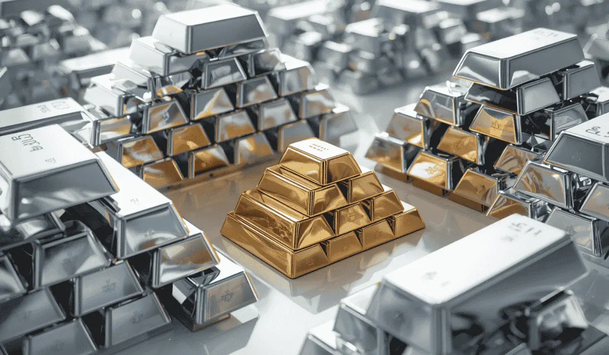 Silver bars with gold and platinum coins stacked, symbolizing record precious metal prices