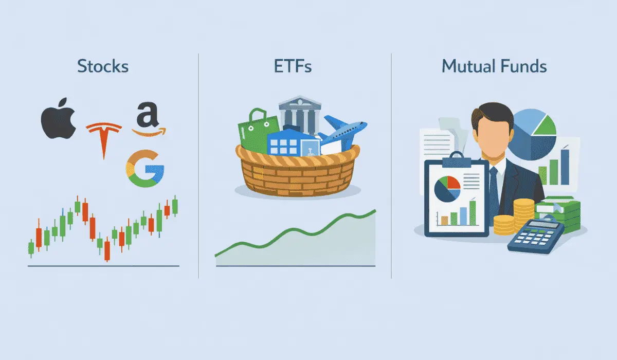 Comparison of stocks, ETFs, and mutual funds showing risk, returns, and investment types for US investors