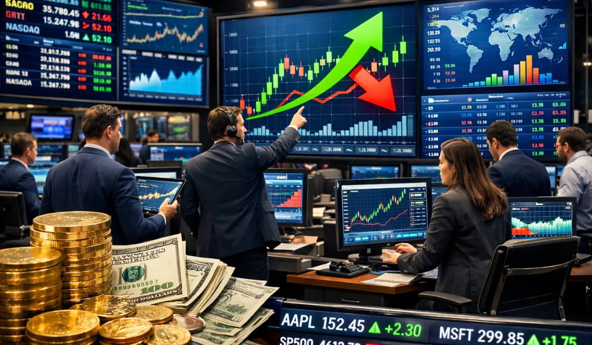Global stock exchange trading floor showing investors, digital graphs, and economic growth indicators