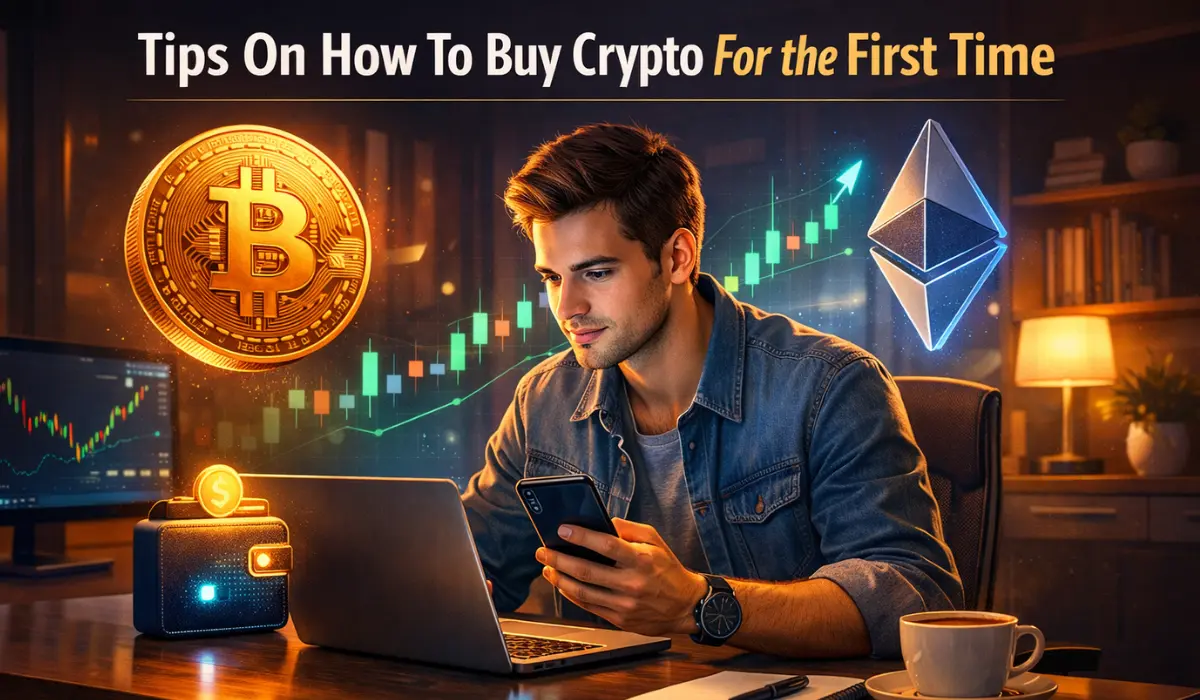 Person buying cryptocurrency for the first time on a laptop with crypto charts and digital wallet icons.