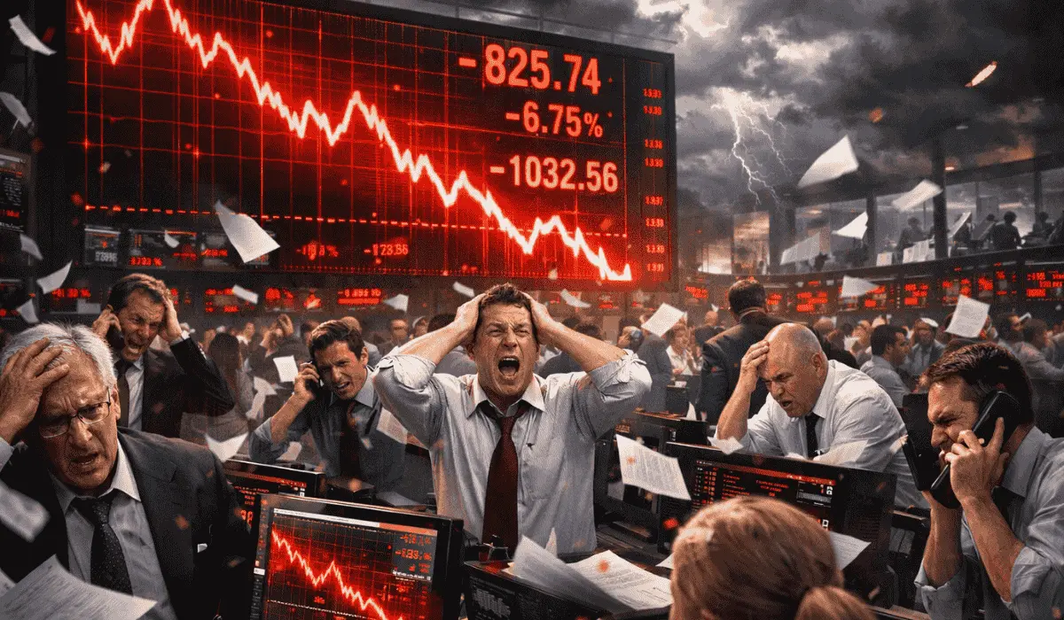 Investors react to a stock market crash with falling stock prices and financial uncertainty