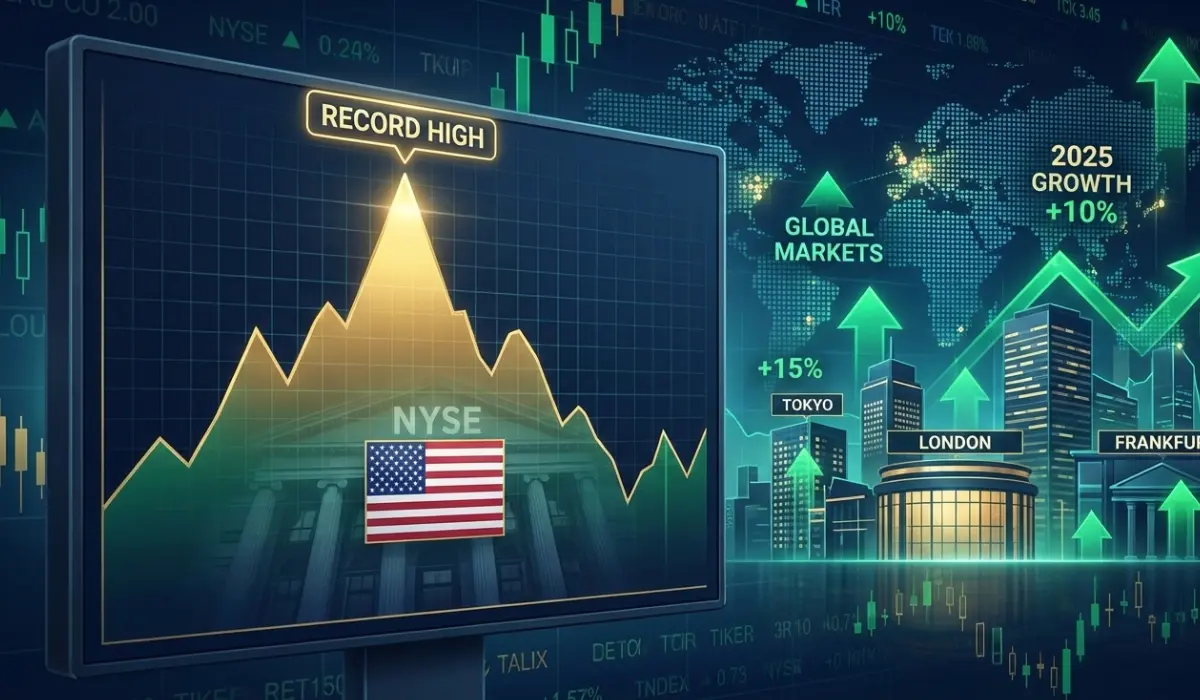 U.S. Stocks End Below Record Highs as Global Indexes Eye Double-Digit 2025 Gains