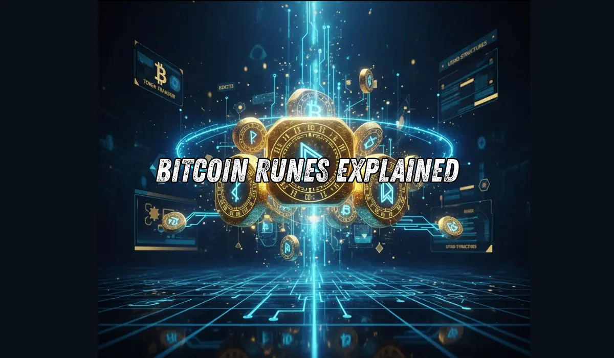 Digital illustration of Bitcoin Runes protocol showing runestones, fungible tokens, and blockchain transactions on the Bitcoin network