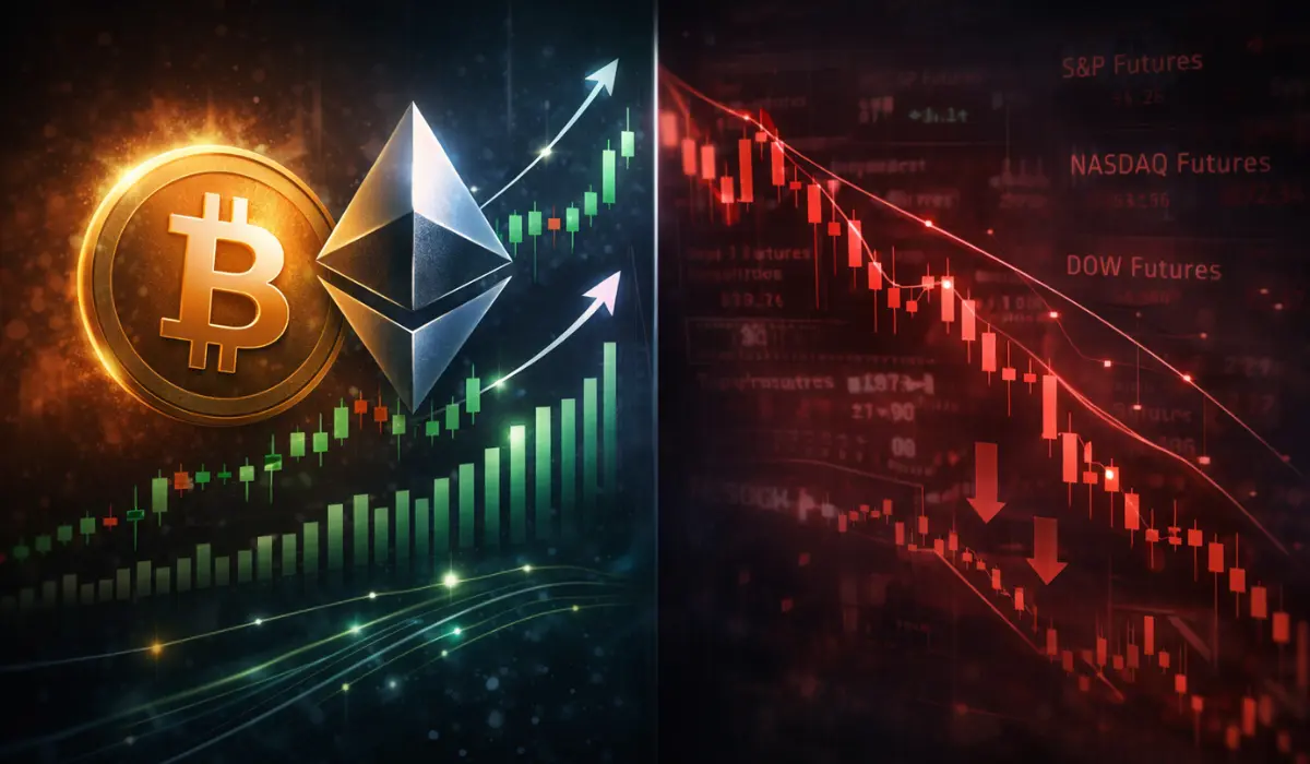 Bitcoin and Ethereum Surge While US Stock Futures Pull Back
