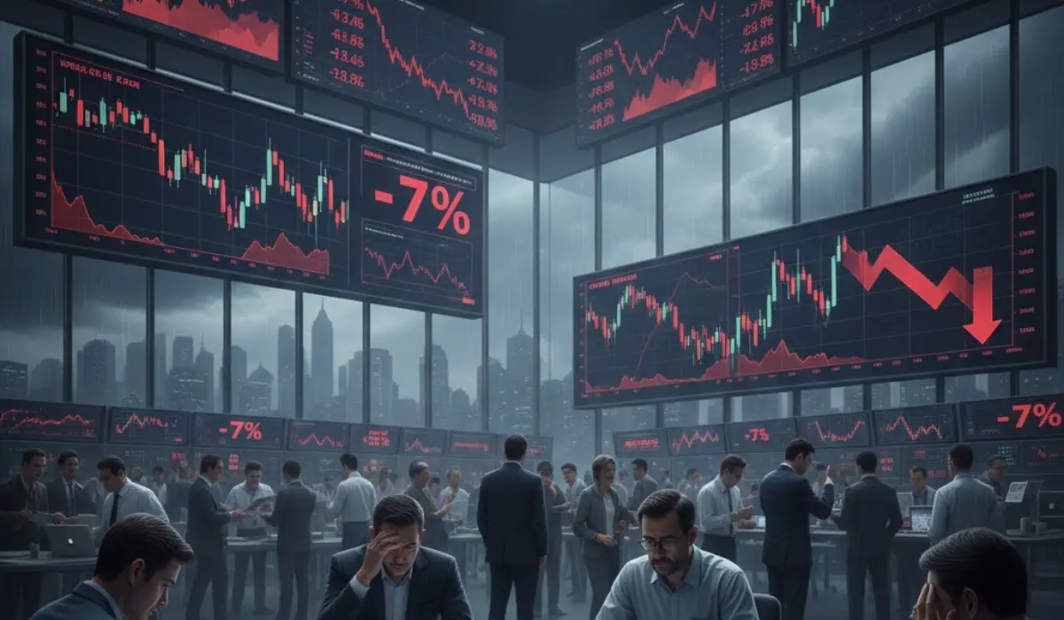 Jakarta stock market trading floor showing investors reacting to a sharp 7% drop in the Jakarta Composite Index after MSCI halts index changes due to investability and transparency concerns