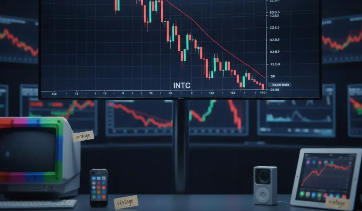 Intel stock chart with Apple products in the background