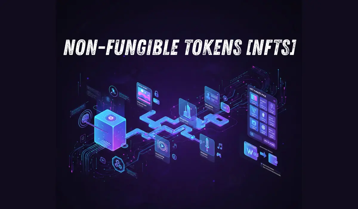 Non-Fungible Tokens (NFTs) explained showing unique digital assets minted on a blockchain network