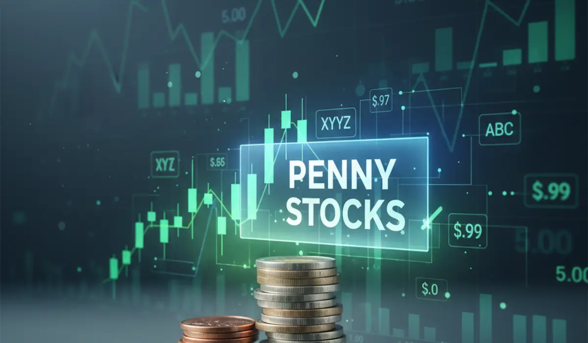 Illustration of penny stocks with low-priced stock charts and financial icons