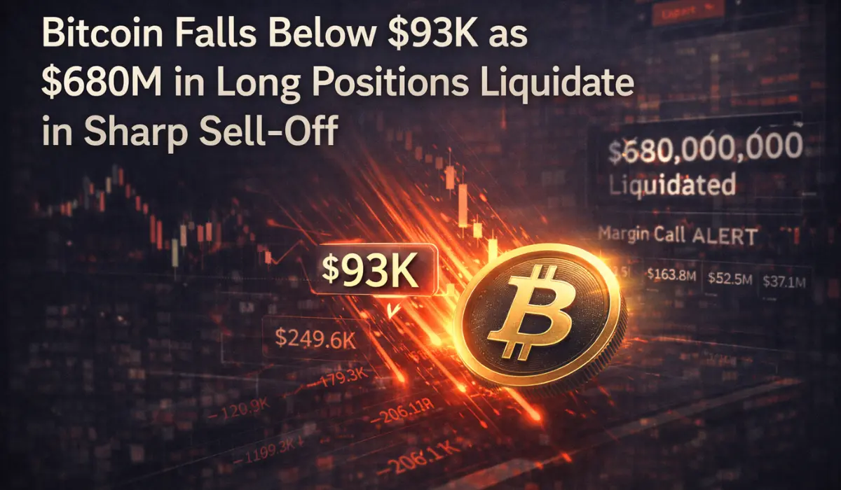 Bitcoin Falls Below $93K as $680M in Long Positions Liquidate in Sharp Sell-Off