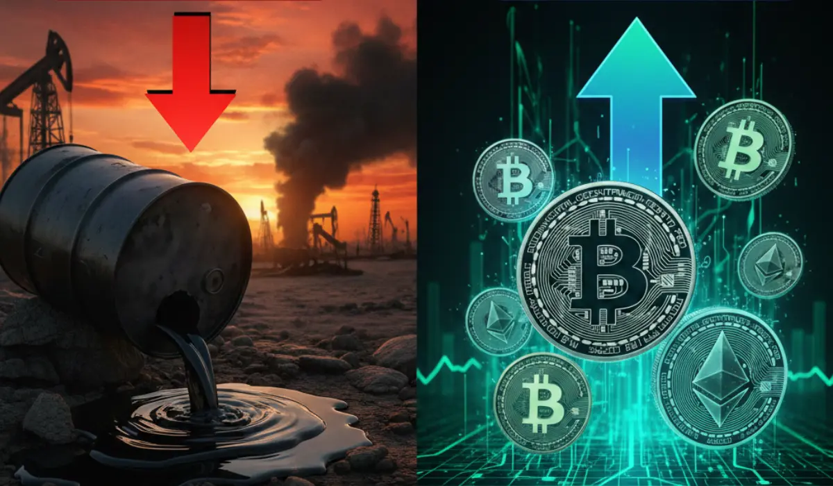 Oil Tumbles, Crypto Gains as Trump Says Iran War is “Complete, Pretty Much”